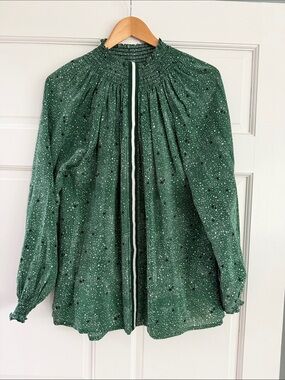 Emerald Green Smocked Yoke Long-Sleeve Blouse